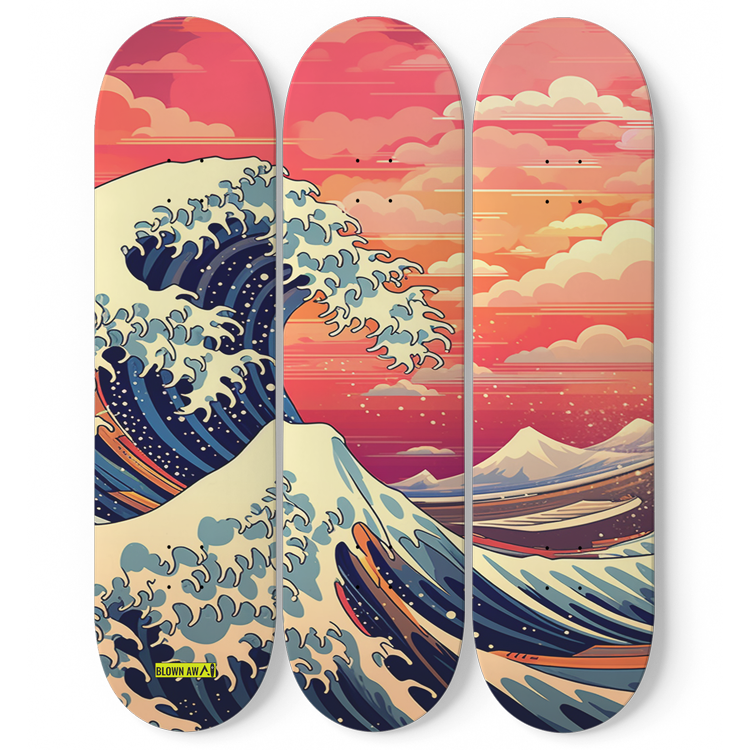 Colourful Futuristic The Great Wave Of Kanagawa Triple Skateboard Wall Art