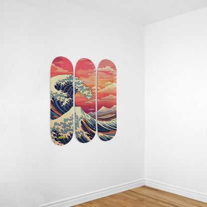 Colourful Futuristic The Great Wave Of Kanagawa Triple Skateboard Wall Art