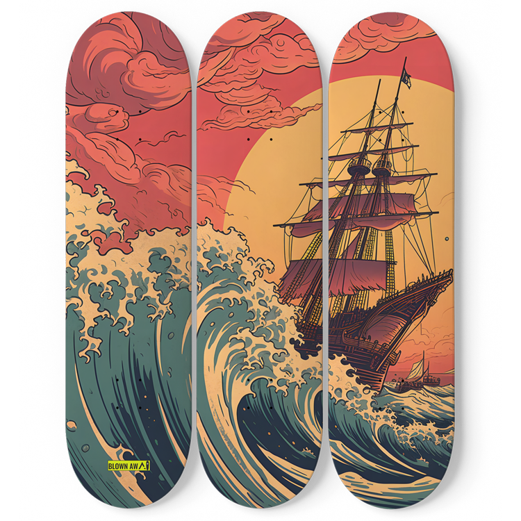 Galleon At The Great Wave Of Kanagawa Triple Skateboard Wall Art