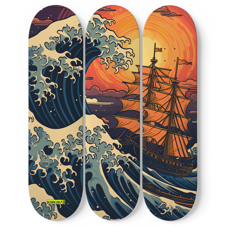 Spanish Galleon At The Great Wave Of Kanagawa Triple Skateboard Wall Art