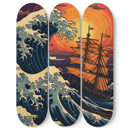 Spanish Galleon At The Great Wave Of Kanagawa Triple Skateboard Wall Art