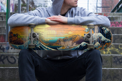 The Sunset At Great Wave Of Kanagawa Single Skateboard Wall Art